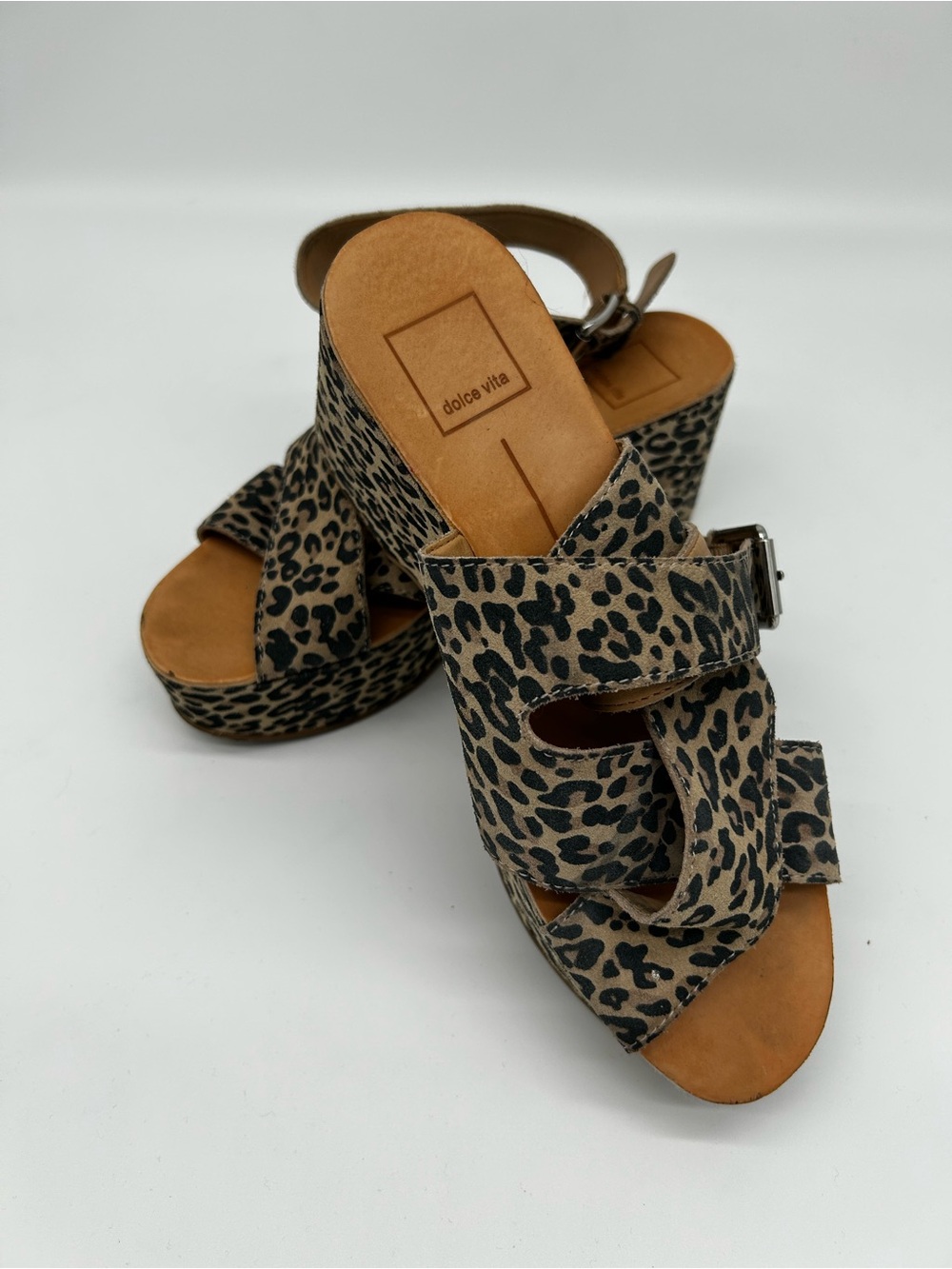 Dolce Vita Leopard Suede Platform Wedge Sandals - Tan/Black Size 8.5M
